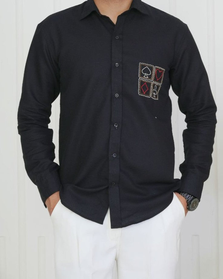 Black Card Faces Hand Embroidered Shirt
