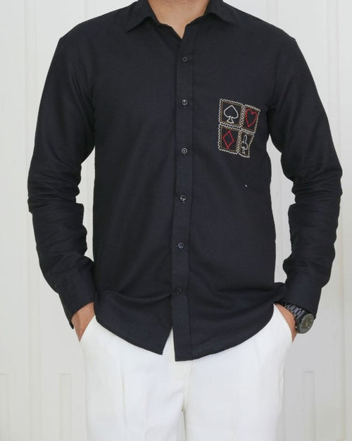 Black Card Faces Hand Embroidered Shirt