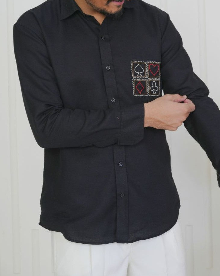 Black Card Faces Hand Embroidered Shirt
