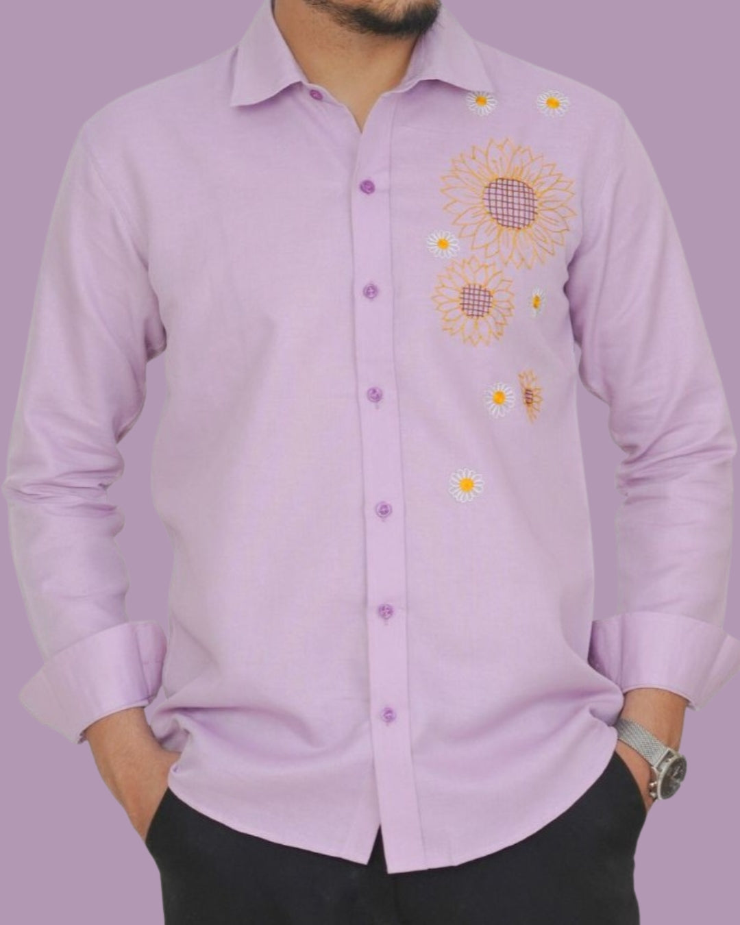 Lavender Sunflower Hand Embroidered Shirt