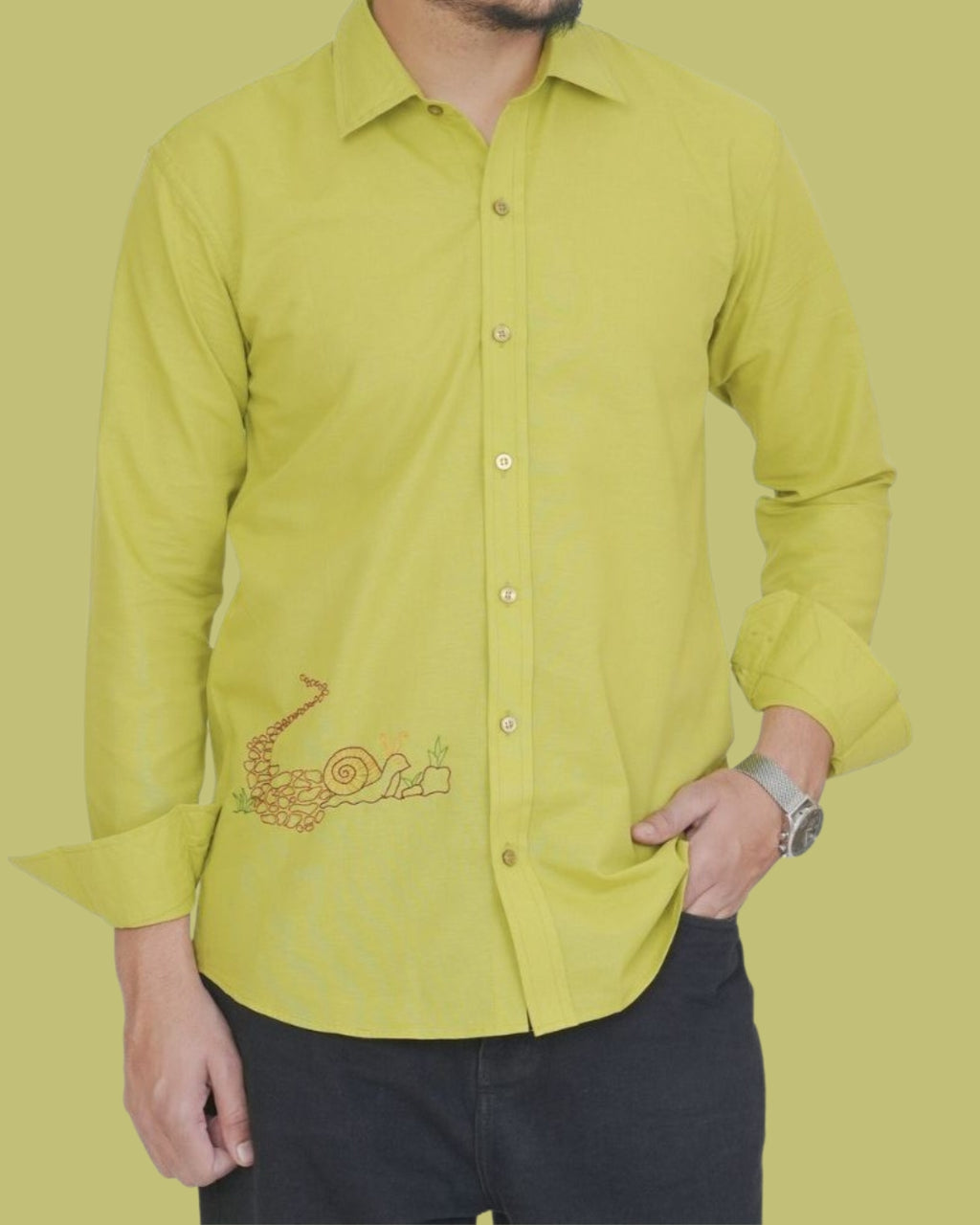 Green Snail Hand Embroidered Shirt