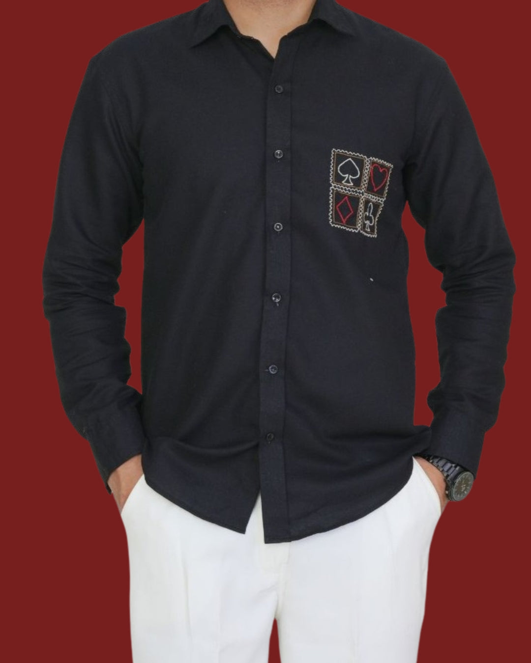 Black Card Faces Hand Embroidered Shirt
