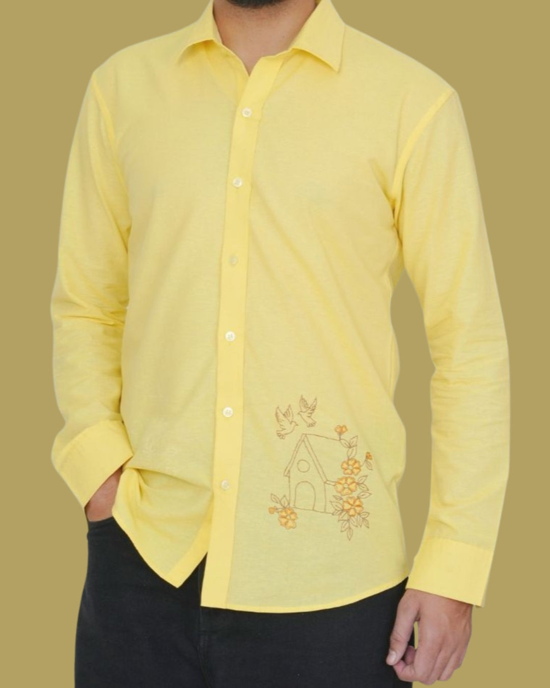 Yellow Bird House Hand Embroidered Shirt