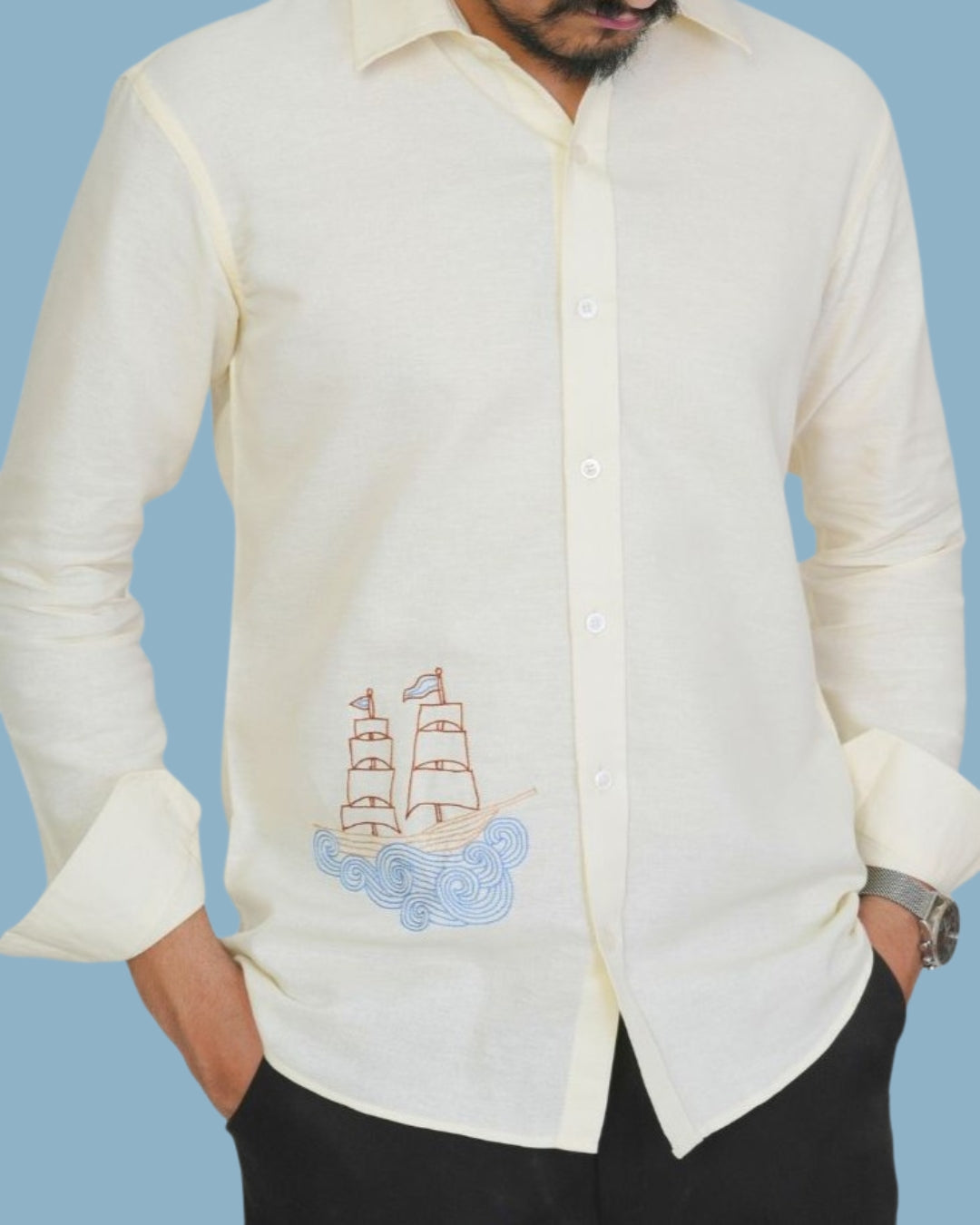 Off White Boat Hand Embroidered Shirt
