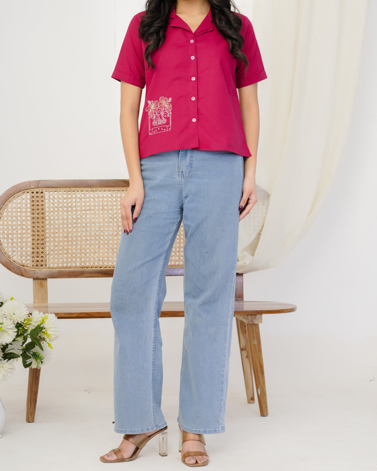 Magenta Cassette Hand Embroidered Shirt Top