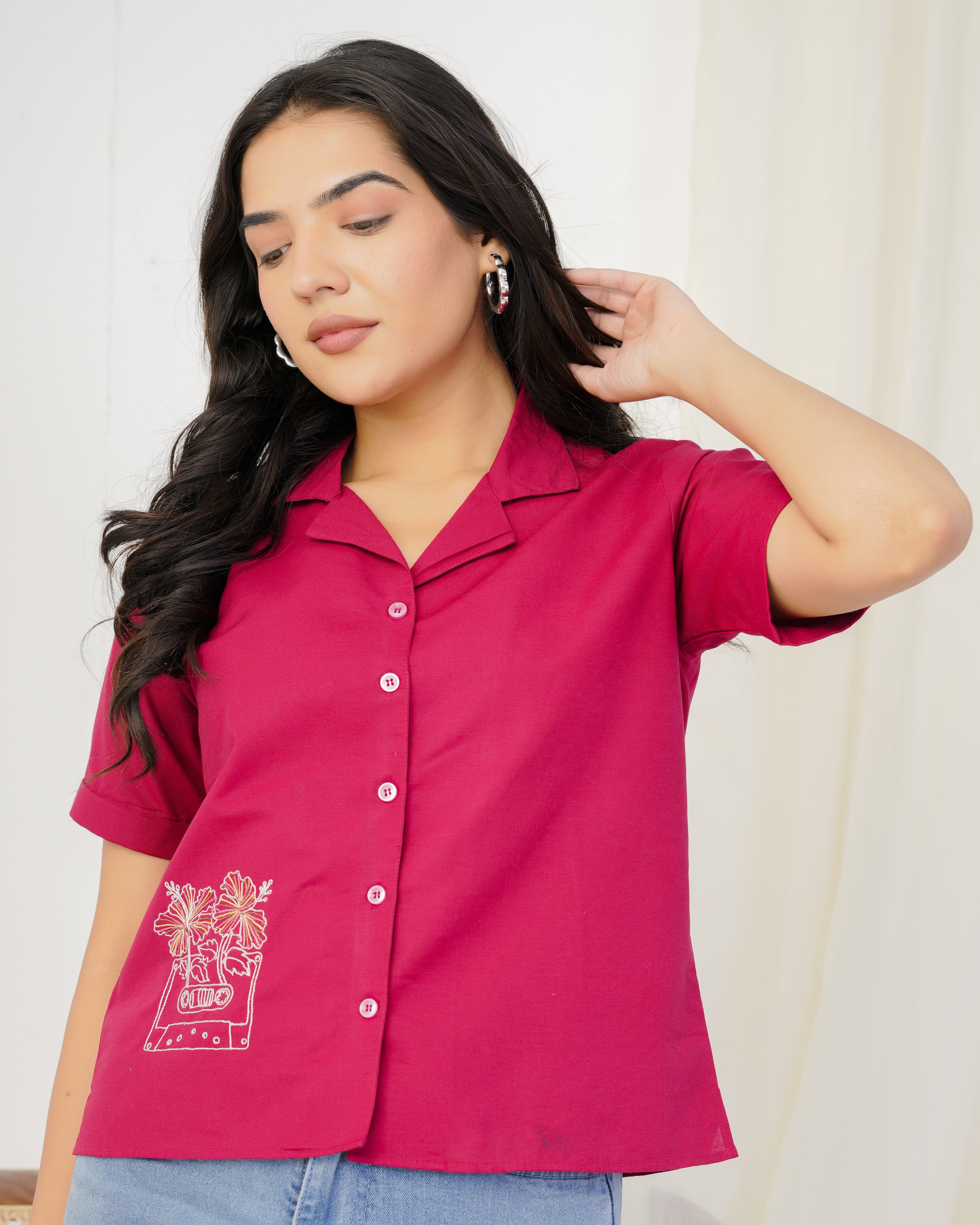 Magenta Cassette Hand Embroidered Shirt Top